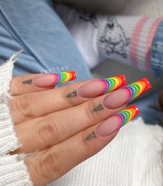 Pride Nail Designs Acrylic, Coffin Pride Nails, Pride Month Nail Ideas, Rainbow French Tip Nails Short, Rainbow Acrylic Nails Coffin, Nails Acrylic Pride, Pride Themed Nails, Pride Ally Nails, Pride Inspired Nails