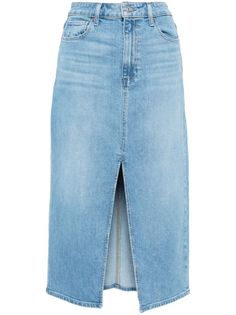 blue stretch-cotton denim appliqué logo belt loops concealed fly and button fastening classic five pockets front slit mid-length Denim Applique, Denim Midi Skirt, Stretch Cotton, Mid Length, A Line Skirts, Womens Bottoms, Midi Skirt, Skirt, Blue