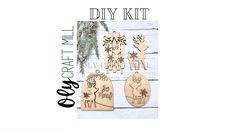 the diy kit includes four wooden cut outs with deers and flowers on them