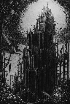 a black and white drawing of a gothic castle surrounded by trees with bats flying overhead