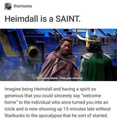 an image of two men dressed as loki and loki in front of a ship with the caption, heimall is a saint