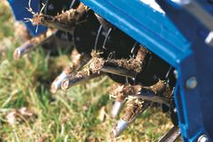 there are many plants growing out of the back of a blue tractor tire that is stuck in some grass