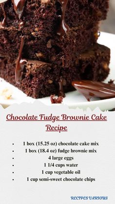 chocolate fudge brownie cake recipe on a white plate