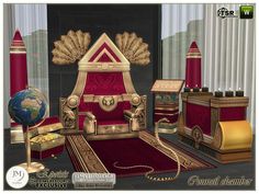 a set of furniture and accessories for a living room with red carpet, gold trimmings