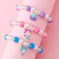 3 Beaded Bracelets Set Mermaid, Narwhal, And Seashell Design! Bracelets Are Super Cute And Colorful! Perfect For Kids! Pet Friendly Home Smoke Free Home Kids Jewelry Diy, Food Necklace, Homemade Bracelets, Mermaid Glitter, Baby Bangles, Kids Bracelets, Easy Diy Jewelry, Bracelets Diy, Bead Charm Bracelet