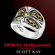 Scott Kay SPARTA CROSS RING Silver Mens Ring with 18k Gold Center Mens Sterling Silver Jewelry, Cool Rings For Men, Mens Designer Jewelry, Biker Chain, Mens Skull Rings, Mens Band Rings, Snake Ring Silver, Sterling Silver Mens Rings, Mens Bracelet Silver