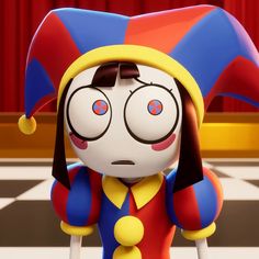 a cartoon character with big eyes and a clown hat