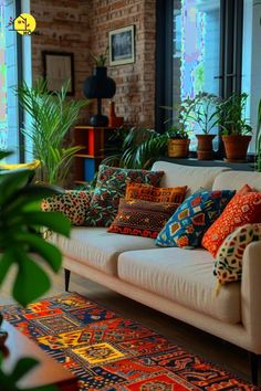 a living room filled with lots of colorful pillows