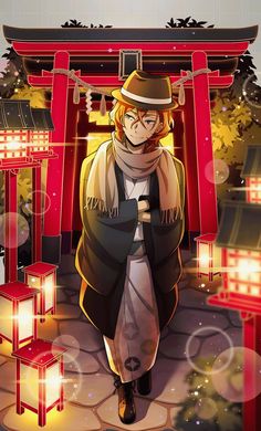 an anime character is sitting in front of a red gate with lanterns and lights on it