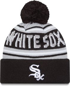 Fit Cuffed, pom-top knit Warm, insulating fabric One size fits most Style and Team Spirit Raised, embroidered team graphics Additional Details Officially licensed product Black Winter Hat For Fan Gear, White Collegiate Fitted Hat For Game Day, Black Game Day Hats With Team Logo, White Snapback Hat For Baseball Season Game Day, White Snapback Fitted Hat For Game Day, White Sox Hat, White Sock, Knit Hat, Chicago White Sox