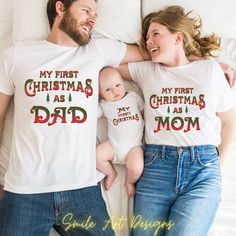 These First Christmas Family Shirts Mom Dad Baby First Christmas Matching Shirts are great option for family Christmas party or as a gift for family that will celebrate Christmas for the first time as a family. Family means everything. Have a very Merry Christmas. We proudly use Bella Canvas super soft tees! Our shirts are 100% made in the USA, high-quality unisex t-shirt that is insanely soft. In fact, it will be one of the softest, best fitting, most comfortable shirts you've ever owned. THIS LISTING IS FOR 1 SHIRT IF YOU WANT ALL 3 YOU NEED TO ADD THEM TO CART SEPARATELY. Please see the size chart and shirt colors in product images.    T-shirt Features: - 100% Cotton (fiber content may vary for different colors) - Medium fabric (5.3 oz/yd² (180 g/m - Classic fit - Tear away label - Runs My First Christmas Outfit, Tshirt Prints, Babe Shirt, Mama And Mini, Dad Tshirt, Christmas Matching, Warriors Shirt, Family Shirts Matching, Christmas Family Photos