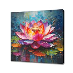 a painting of a pink flower on a blue and green background with water lillies