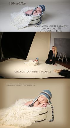 two photos with the words change to k white balance on them, and an image of a baby sleeping in a chair