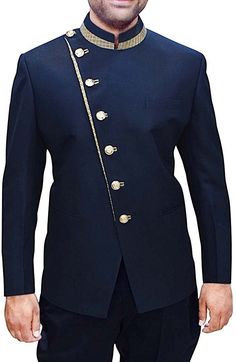 Mens designer trimmed angrakha style 7 button jodhpuri suit -2 pc (Jacket, Breeches) made from navy blue color polyester fabric. It has bottom as black cotton breeches.  Perfect for weddings,graduation ceremoney,dating, meeting, yacht party, banquet, hosts' wearing,etc Care Instructions : Dry Clean Only Jodhpuri Suits, Jodhpuri Suit, Angrakha Style, Yacht Party, Linen Blazer, Navy Blue Color, Mens Navy, Sports Jacket, Wedding Groom