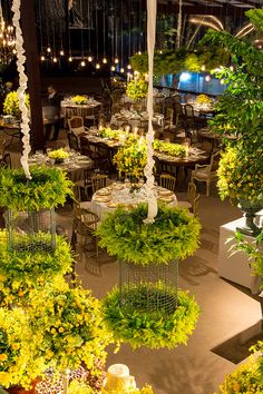 an outdoor dining area with tables and chairs covered in green plants, surrounded by hanging lights