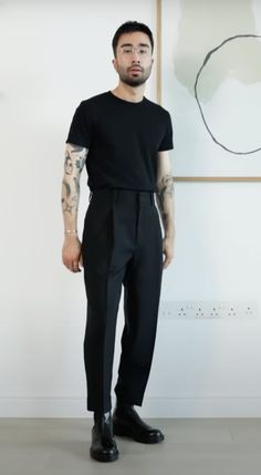 Minimal Black Outfit Men, Minimal Male Fashion, Professional Goth Work Outfits Men, Chelsea Boots Men Outfit Black, Men Style Black Outfit, Mens Fashion Minimal, All Black Minimalist Outfit Men, Goth Business Casual Men, Men Outfit Polo Shirt