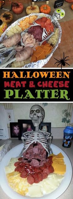 halloween meat and cheese platter is shown in this collage with the words, halloween meat and cheese platter