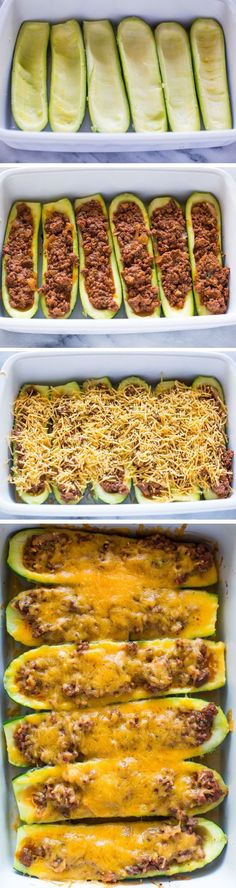 zucchini stuffed with ground beef and cheese in white baking dishes lined up on top of each other