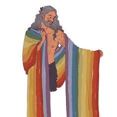 an image of a man with long hair and beard holding a rainbow colored scarf over his shoulder