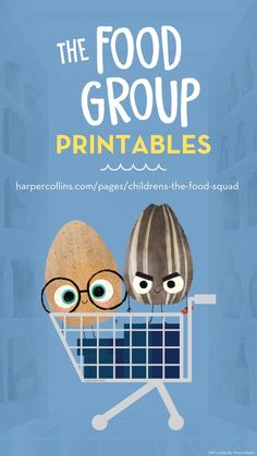 the food group printables book cover with an egg in a shopping cart and two children's faces