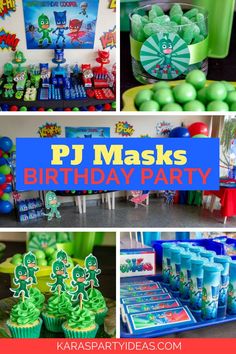 the birthday party is decorated in green and blue