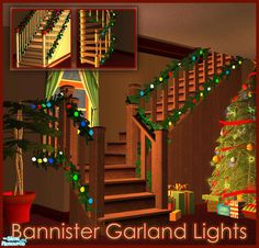 the christmas tree is decorated with garlands and lights, along with other decorations on the stairs