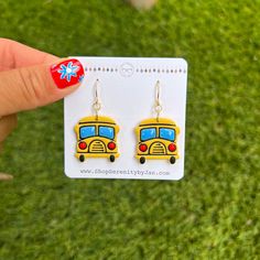 Ride back to school with the cutest bus dangles or mini studs. A great talking point with coworkers, students, and parents.  Each set of our earrings are handmade and completely unique.  If you're interested, you can see my creative process from beginning to end on my Tiktok @sirenamaxx. My earrings are made of 1/8 of an inch thick light weight polymer clay and are finished with a surgical steel, nickel-free ear wire. Our bus studs are .25/inch in height and .50/inch wide. Our dangles are one in Back To School Earrings, School Earrings, Teacher Earrings, West Covina, Mini Studs, Clay Jewellery, Clay Jewelry Diy, Gift Teacher, School Bus