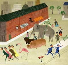 a painting of people and animals in front of a building with an elephant on the street