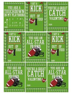 four football themed valentine cards with the words, you're a great catch in my playbook