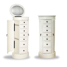 two white dressers with mirrors on top of them and one has a round mirror above it