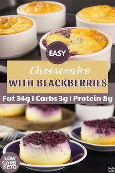 Mini Low Carb Cheesecakes with Blackberries are a perfect keto treat! Packed with protein from cream cheese and low in carbs, they offer a rich, creamy bite balanced by fresh, tangy blackberries. These little delights are high in healthy fats, making them a satisfying, guilt-free dessert. Would you enjoy this as a post-dinner treat? What other toppings would you add? Protein Desserts Low Carb, High Protein Desserts, Protein Desserts, Guilt Free Dessert, Easy Cheesecake, Perfect Keto, Mini Cheesecakes