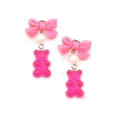 These handmade candy inspired gummy bear drop earrings are made from pink resin gummy bear charms and resin bows with post earrings. They are a perfect gift for any woman who loves cute and quirky charm jewelry. Comfortable and lightweight - add some extra sweetness to your everyday look. Comes in a free pink gift box, making gifting and storing easy.  Details & Measurements: -Total earring length 1.75" (4.38cm) -Gummy Bears measure 3/4" long by 1/2" wide (1.88 x 1.25 cm) -Resin charms -Glass Pearls -hypoallergenic surgical steel post earrings -Choose from Hot Pink or baby pastel pink gummy bears -Handmade -Comes with rubber and metal clutch backings so you never lose an earring again! Every order comes with free gift packaging! Please contact me with any questions you may have and thanks Pastel Resin, Gummy Bear Charms, Gummy Bear Earrings, Handmade Candy, Pink Gift Box, Bear Earrings, Baby Pearls, Kawaii Gifts, Rose Pastel