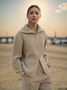 Peilia - Womens Fashionable Solid Zip Up Rib Knit Cardigan with Long Sleeve Sweater and Casual Turndown Collar Winter Beige Ribbed Outerwear, Casual Warm Beige Cardigan, Warm Beige Casual Cardigan, Cozy Ribbed Beige Outerwear, Seasons Winter, Rib Knit Cardigan, Turndown Collar, Fabric Medium, Casual Fit