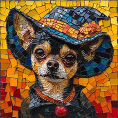 a small dog wearing a hat on top of a colorful mosaic tile wall art piece