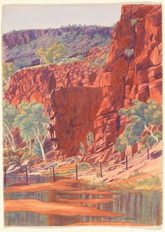 a painting of red rocks and trees in the background with water on the ground below