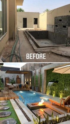 before and after pictures of a backyard with an in ground swimming pool that has been landscaped