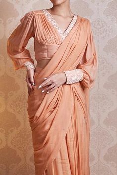 Shop for Soha by Harleen and Sona Peach Chinnon Chiffon Noor Pre-draped Saree With Blouse for Women Online at Aza Fashions Balloon Sleeves Blouse, Chiffon Embroidery, Draped Saree, Drape Saree, Luxury Sale, Sleeves Blouse, Pleated Blouse, Blouse For Women, Pattern Embroidery