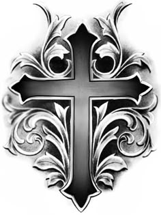 a black and white photo of a cross with swirly designs on the bottom corner