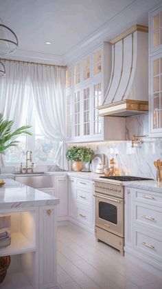 a large kitchen with white cabinets and marble counter tops is pictured in this artist's rendering