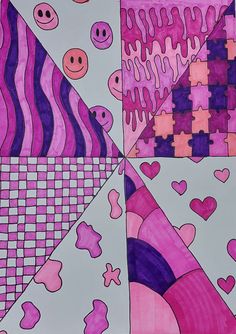 an art project with pink and purple squares, hearts, and smiley faces on them