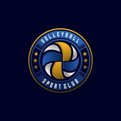 volleyball logo with the words volleyball sport club in gold and blue colors on a dark background