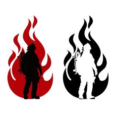 the silhouettes of two men standing next to each other in front of a fire