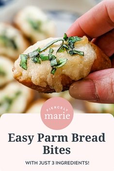 a hand holding up a piece of bread with herbs on it and the words easy farm bread bites