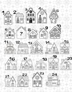 a set of twelve houses with numbers and symbols on the front, in black and white