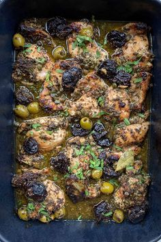 Roasting pan filled with baked boneless chicken thighs in sauce with green olives and prunes nestled in between the pieces Best Dinner Party Recipes, Cook For A Crowd, Silver Palate Cookbook, Italian Dinners, Chicken Marbella, Silver Palate, Dinner Party Dishes, Delicious Sides, Favorite Dinner