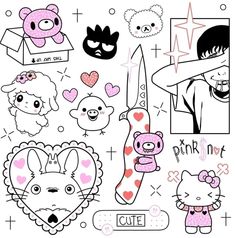 an assortment of stickers that include animals, hearts, and other things in black and white