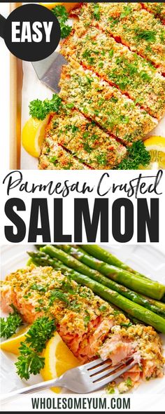 salmon with parmesan crust and asparagus on top is shown in this image