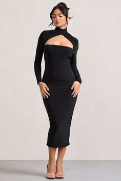 Get race day ready in our newest black midi High Hopes. Crafted in our signature stretch jersey, this halter-neck features a flattering fitted silhouette to provide you with both confidence and comfort. Try pairing High Hopes with a strappy stiletto to enhance this formal look at your next event. Features- Premium stretch jersey- Bodycon fit- Halter neckline- Chest cut-out- Bum ruching- Invisible zip closure- Covered button closure- Split hemline- Midi length Sizing & fitModel is 5'6" and wears UK size 8 / US size 4 Product informationDesigned exclusively by Club L LondonDouble layered with stretchPremium jersey in Black (95% Polyester, 5% Elastane)125cm total lengthSKU: CL128893002 Long Sleeve Bodycon Midi Dress, Midi Bridesmaid Dress, Black Tie Gala, High Hopes, Bodycon Midi Dress, Black Halter, Black Midi, Invisible Zip, Bodycon Midi