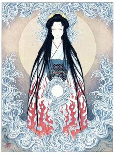 a woman with long black hair standing in front of a full moon