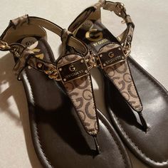 Very Comfortable Shoe Has The Tag At The Bottom, But Is Kind Of Rubbed Off Has Adjustable Straps To Fit Your Foot Size. Smoke-Free And Pet Free Home. Thank You For Looking At My Listing!! Guess Sandals, Fancy Sandals, Shoes Outfit Fashion, Gold Sandals, Guess Shoes, Sandals For Women, Flip Flop Sandals, Brown Gold, Comfortable Shoes